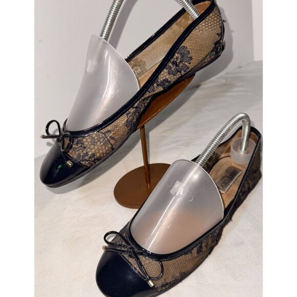 Jimmy Choo Navy Blue Lace Ballet Flats Patent Bow Detail - Picture 4 of 12